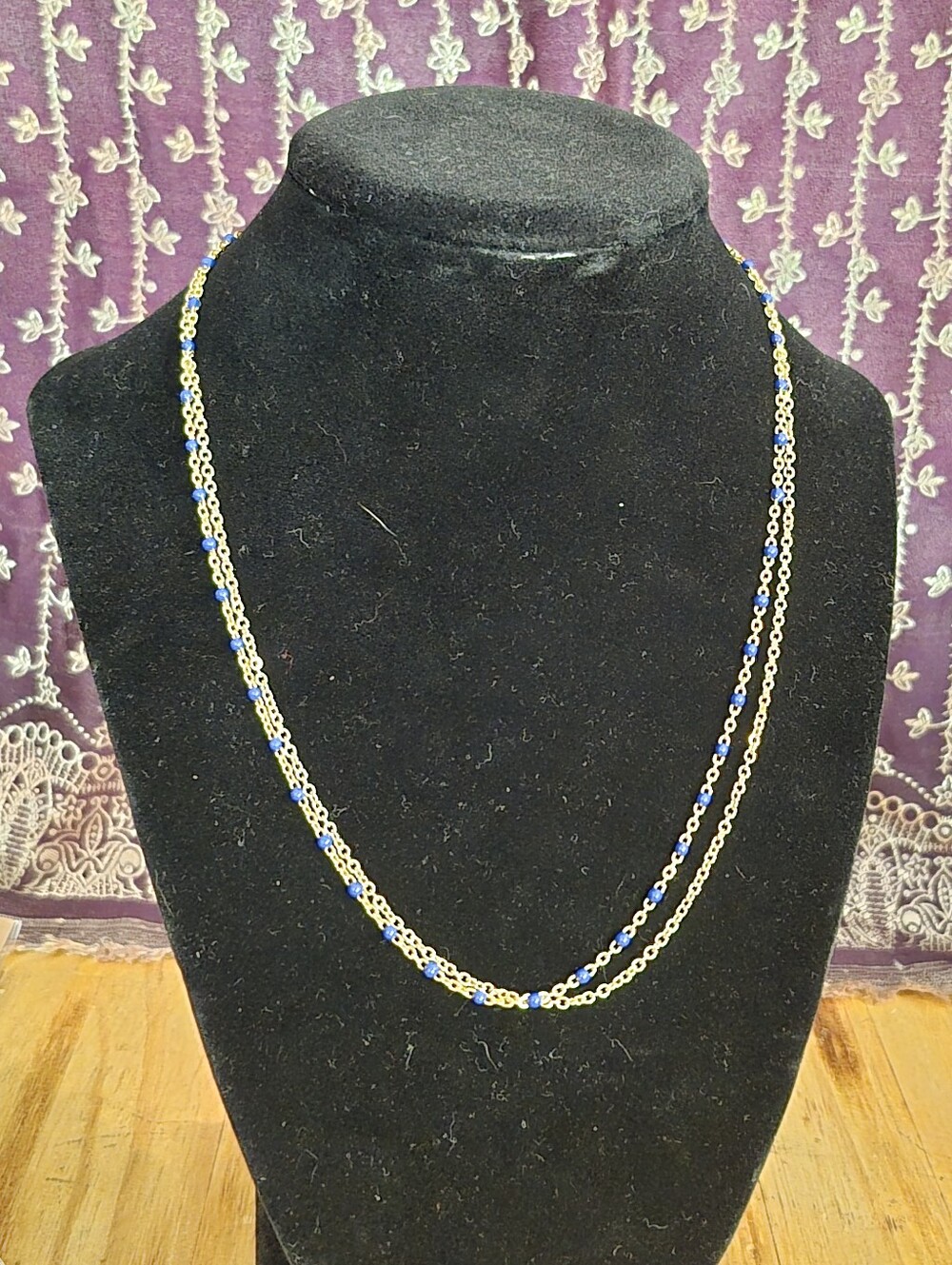 Delicate Double-Strand Blue Bead Gold Tone Chain Necklace